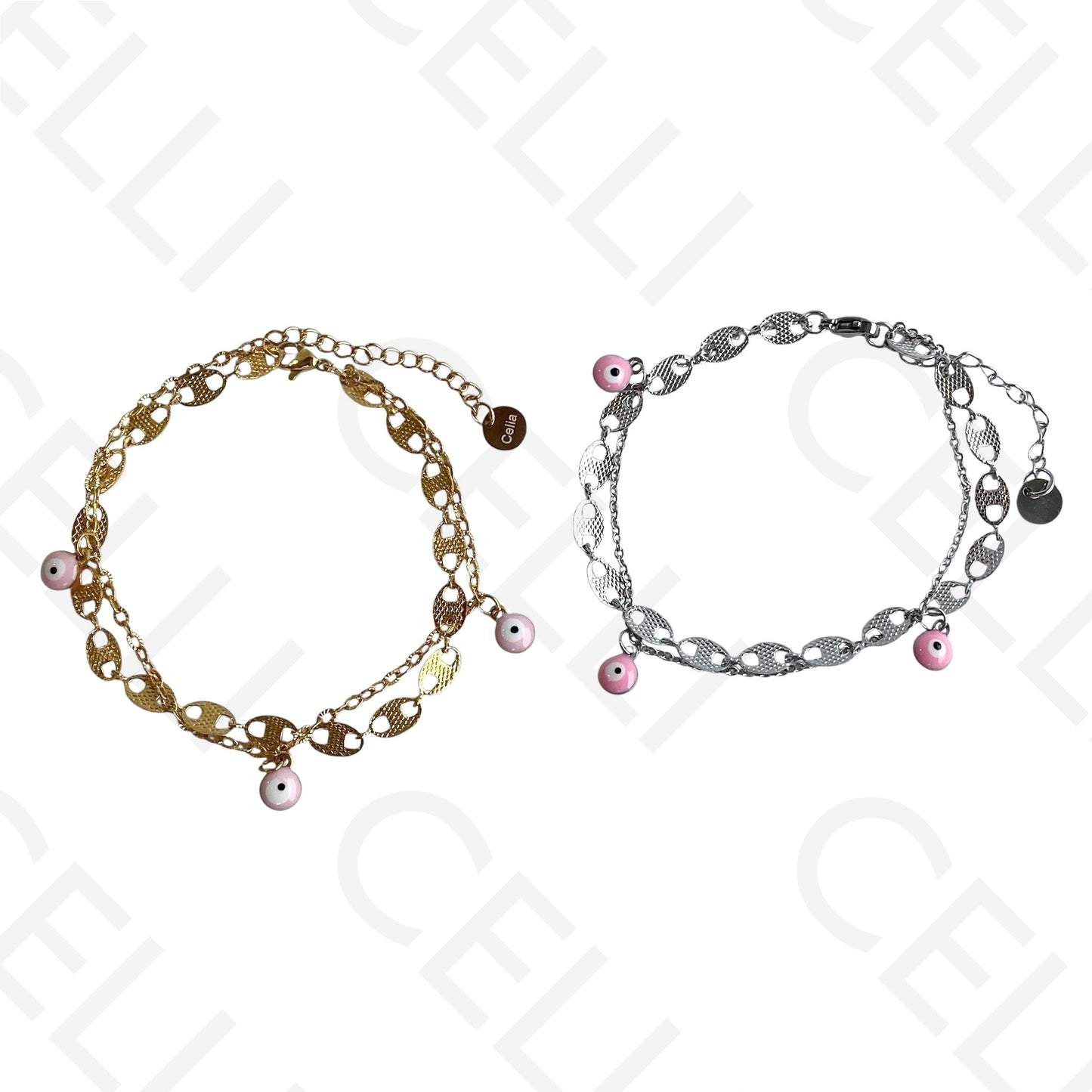 Colar/Pulseira Duplo de Aço - Olho Turco Rosa