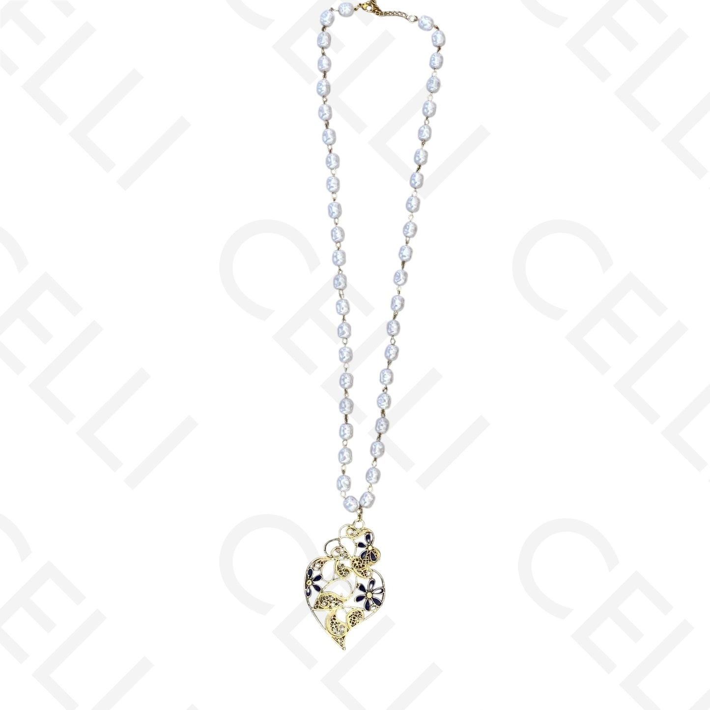 Colar de aço - pérola com coração de viana esmalte azul