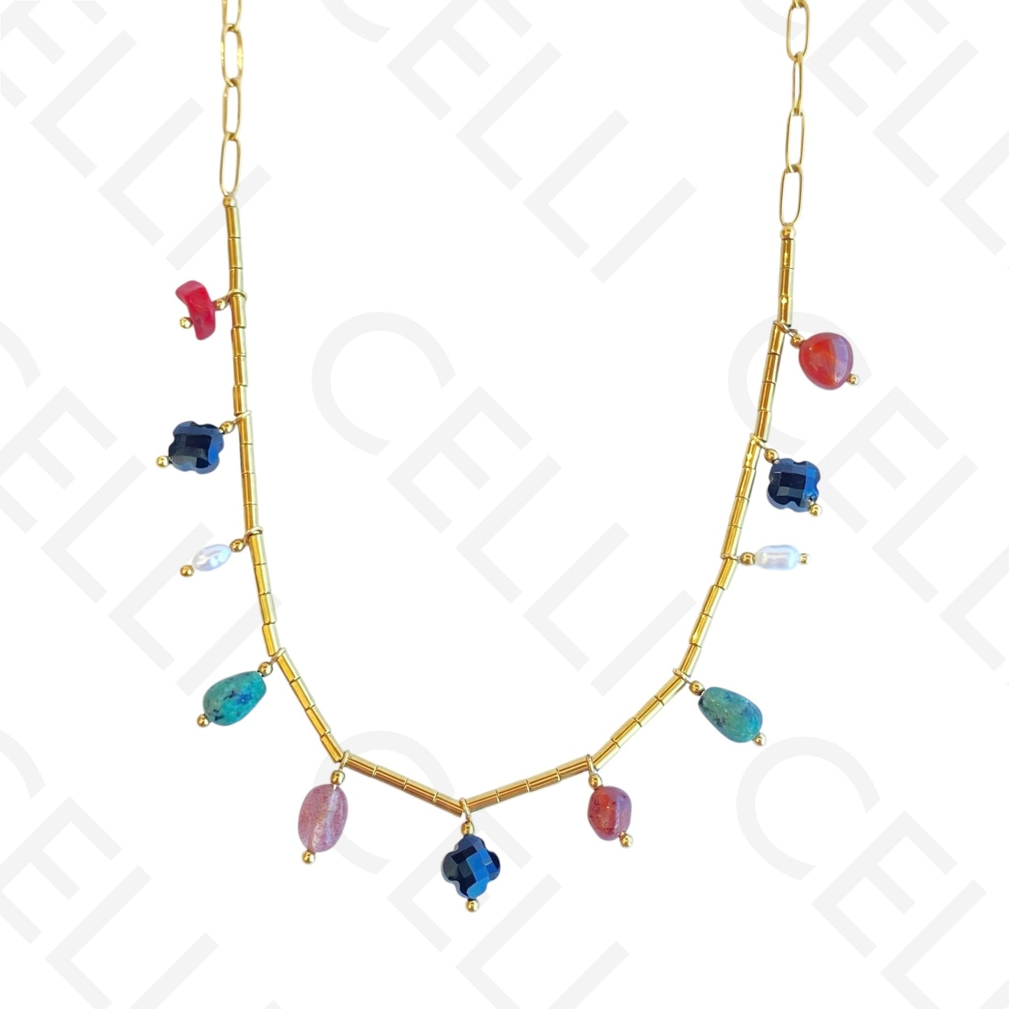 Colar de aço - multi pendentes em pedra natural