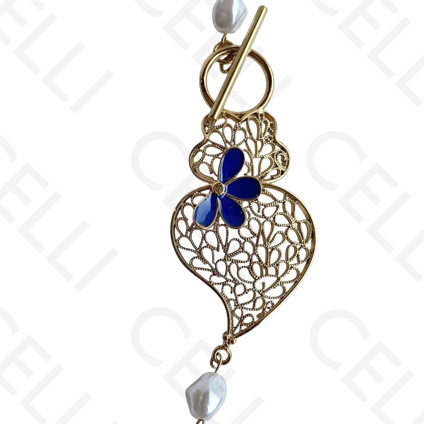 Colar de aço - pérola com coração de viana esmalte azul