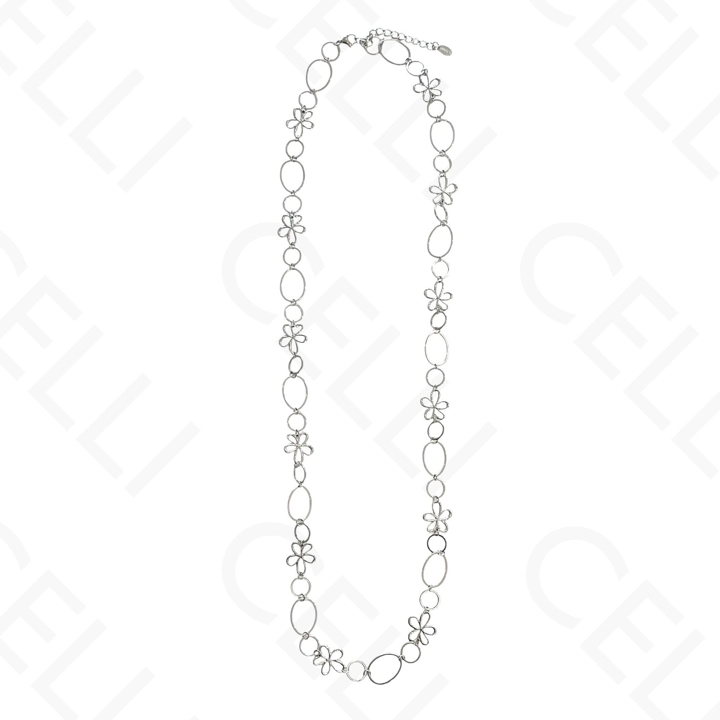 Colar de aço - malha comprida com flores entremeio