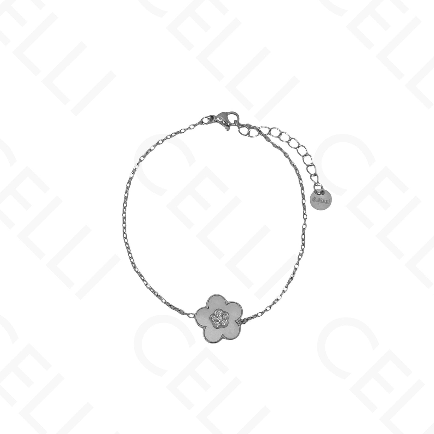 Colar/Brinco/Pulseira de Aço - Flor com madrepérola