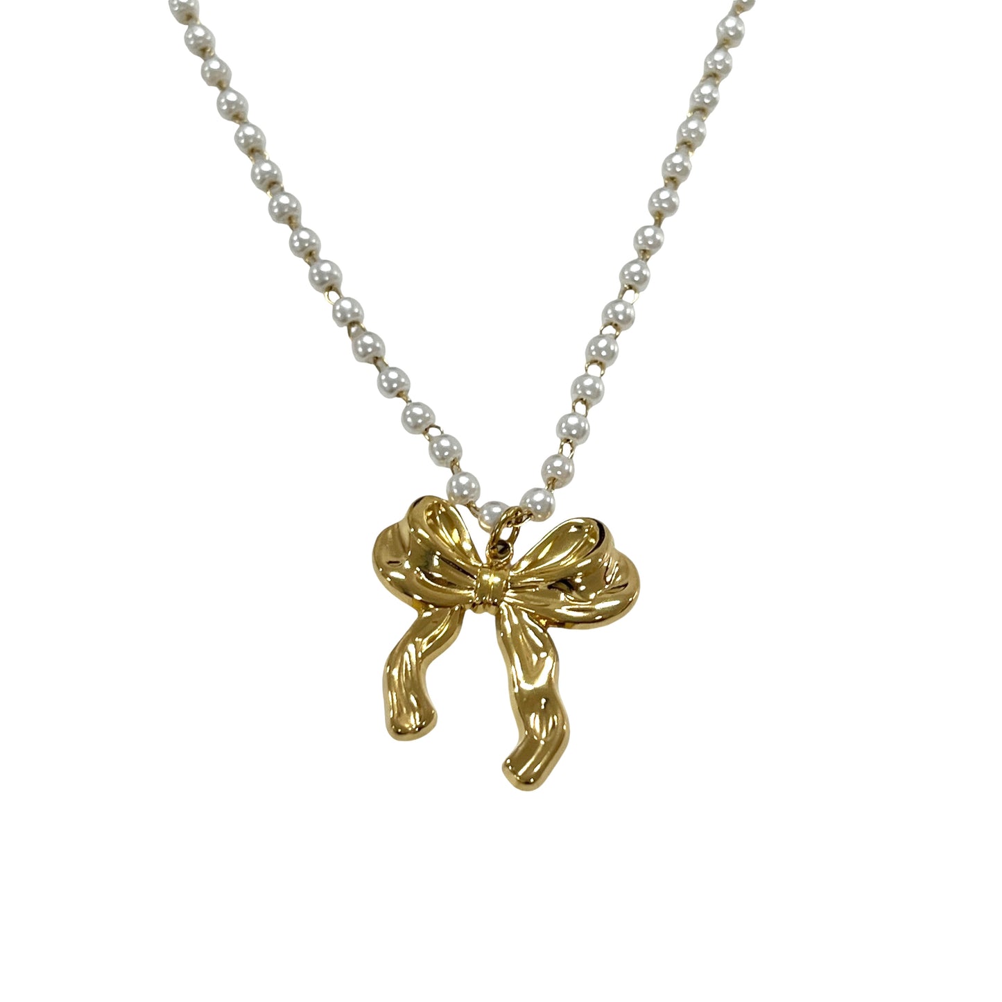 钢项链 - 带蝴蝶结的珍珠项链