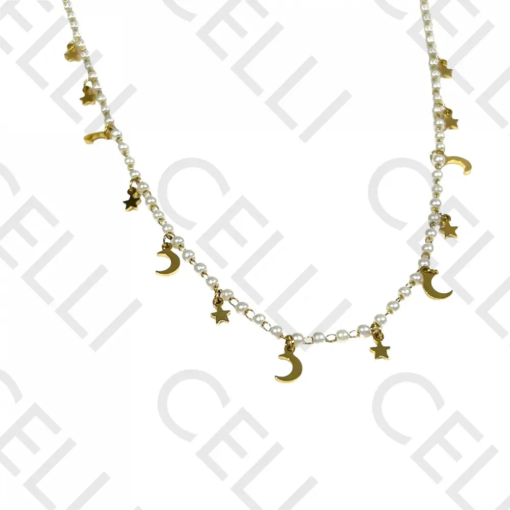 Colar De Aço - Pérolas Com Medalhinhas Lua E Estrela Dourado