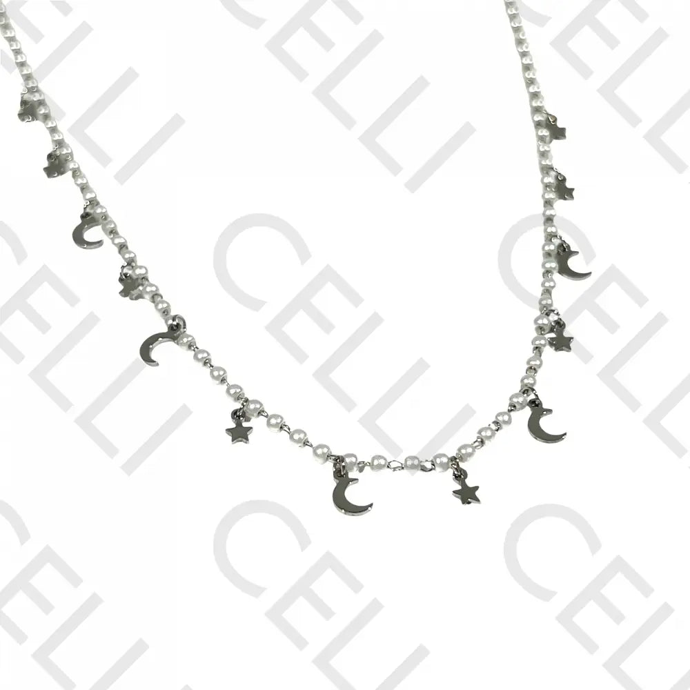 Colar De Aço - Pérolas Com Medalhinhas Lua E Estrela Prateado