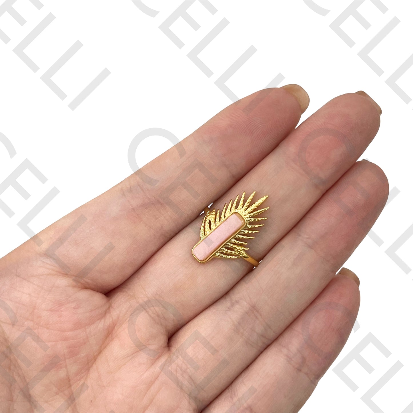 Anillo de acero - hoja con piedra natural rosa