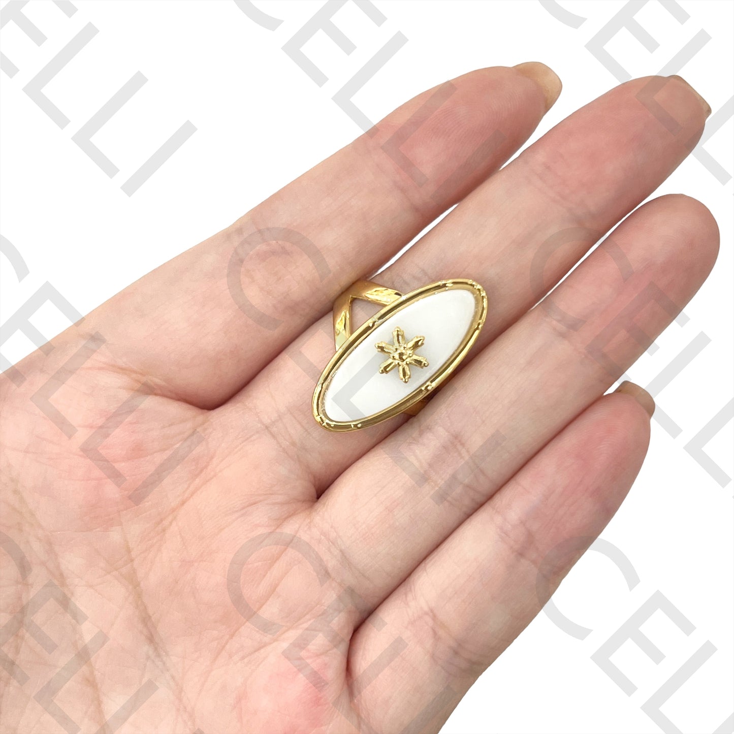 Anillo de acero - piedra natural ovalada con medalla de flor