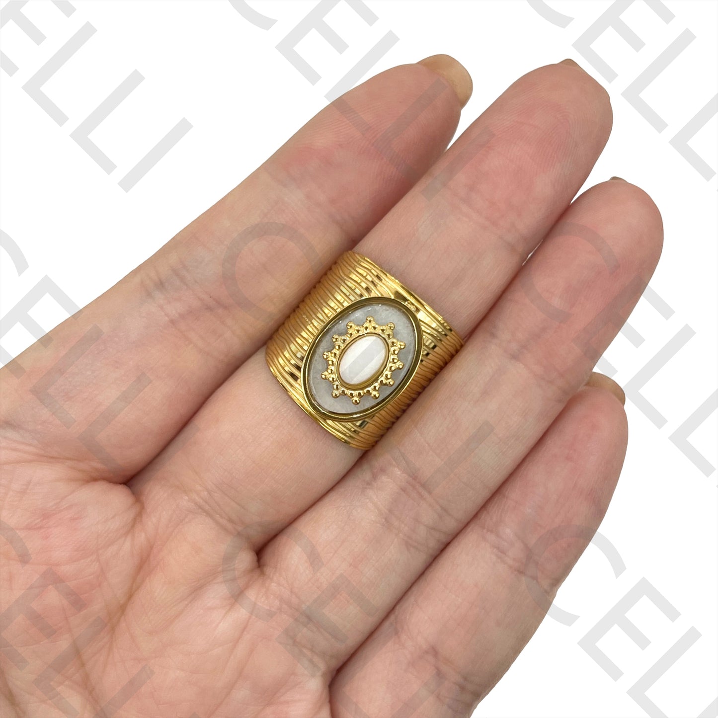 Steel Ring - detailed with natural stone and detailed medal