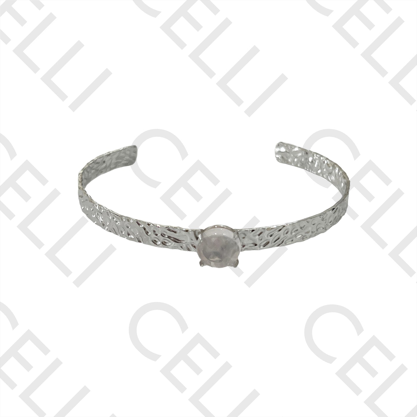 Bracelete de Aço - detalhado com pedra natural rosa