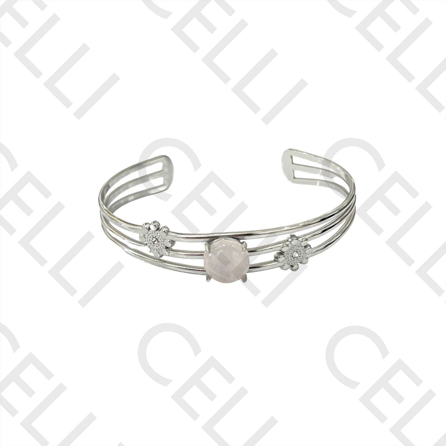 钢制手镯 - 镶有天然粉红石和闪亮装饰的三排设计