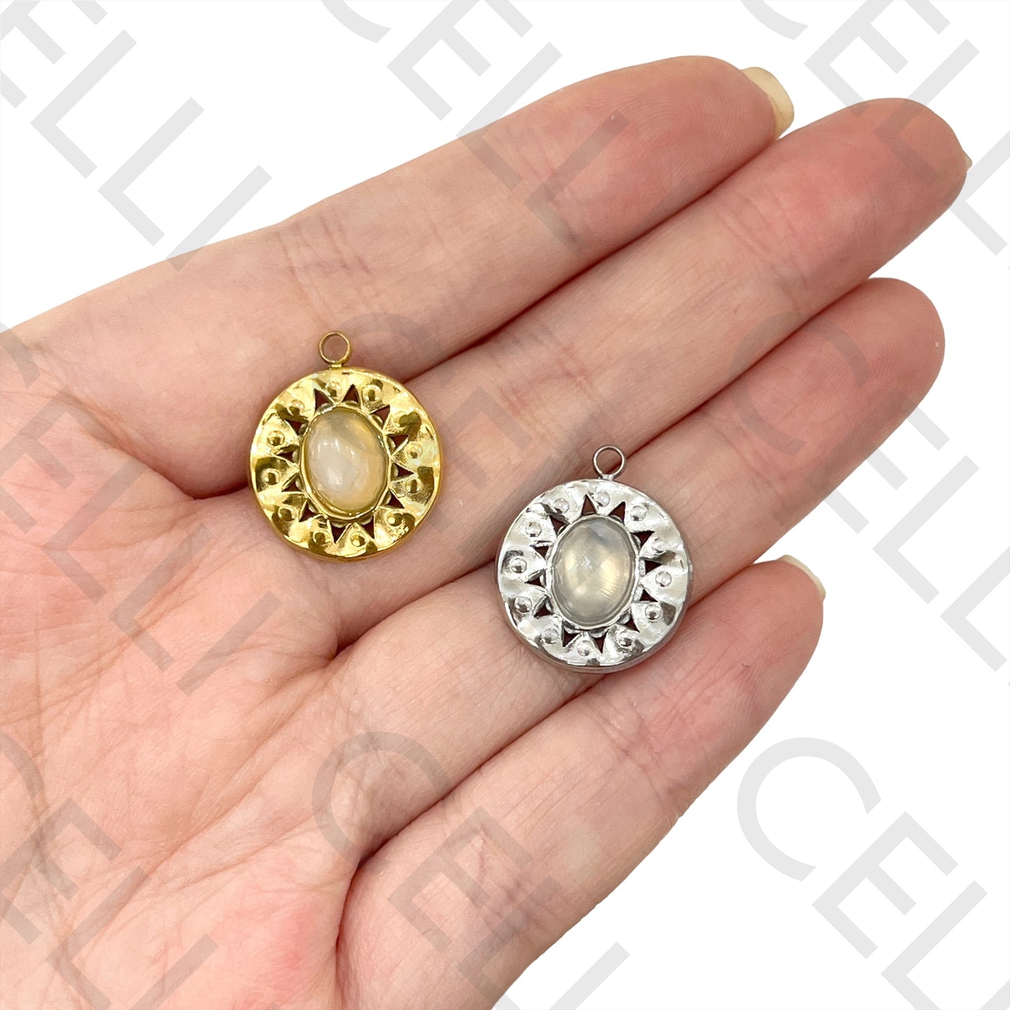 Medalha de Aço com Pedra Natural - redondo detalhado