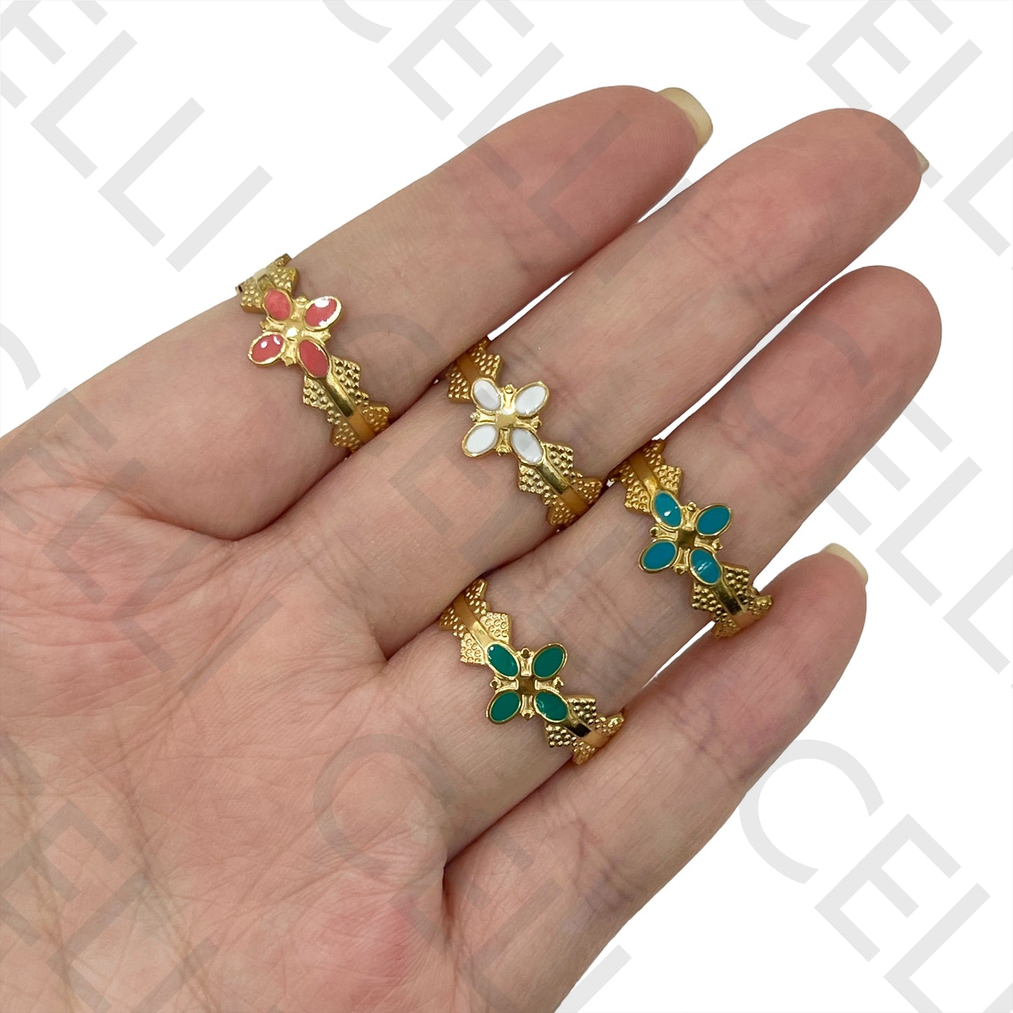 Steel Ring - detailed with enameled flower