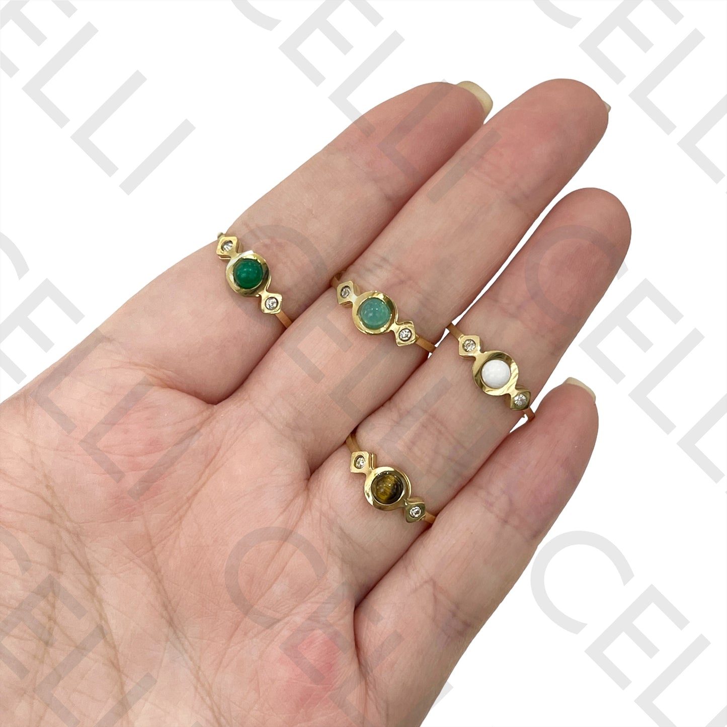 Steel Ring - Round Natural Stone and Diamonds