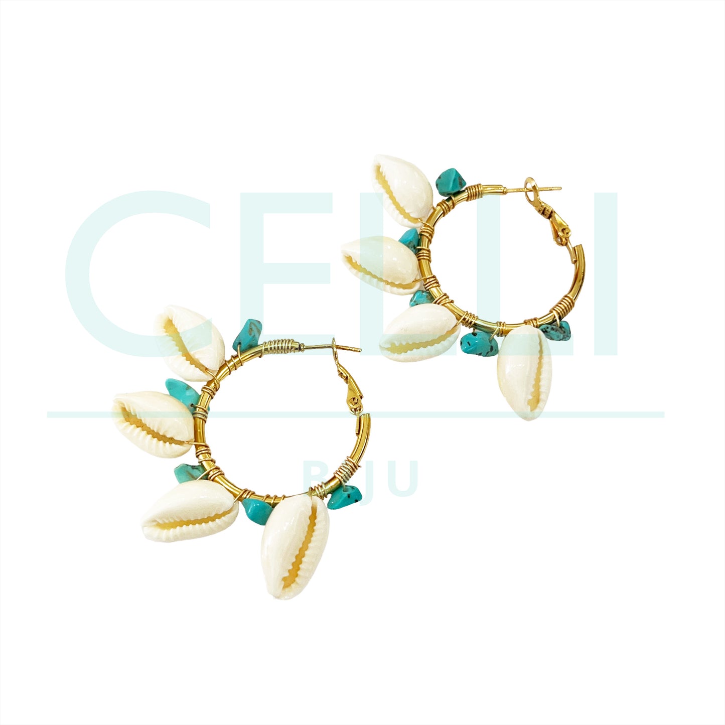 Brinco Argola de Aço - búzios e pedra natural cascalho