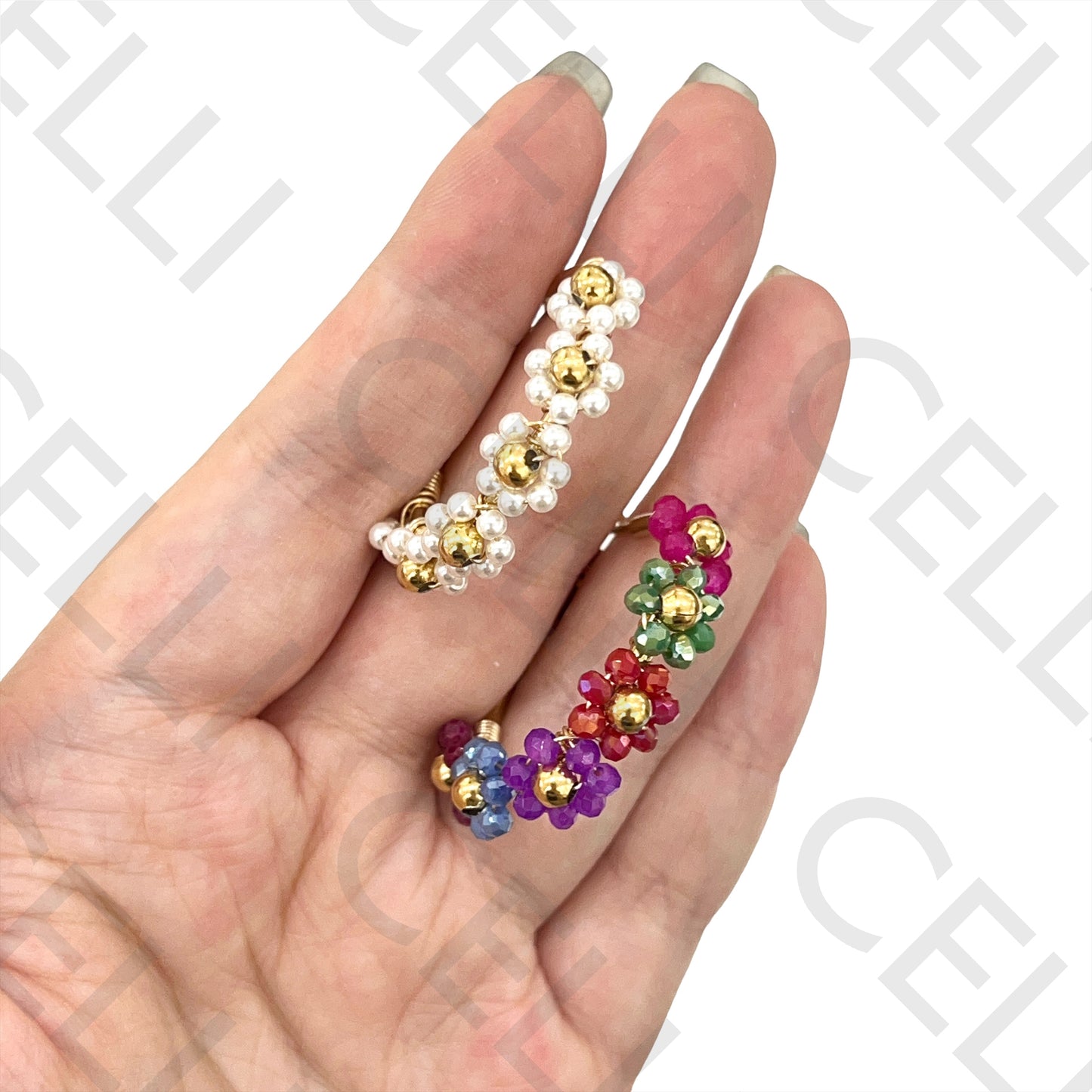 Steel Hoop Earring - Faceted Crystal Flowers or Pearls