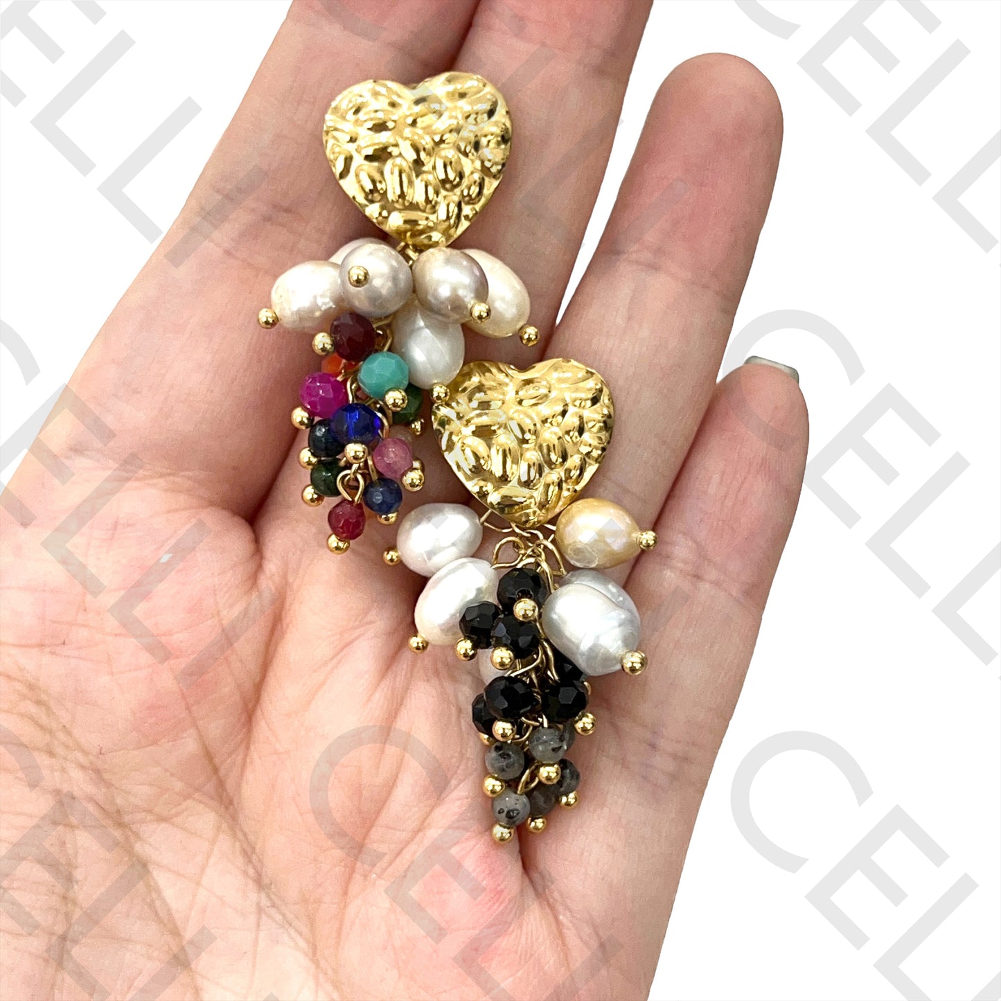 Steel Earring - heart with faceted crystals and freshwater pearls