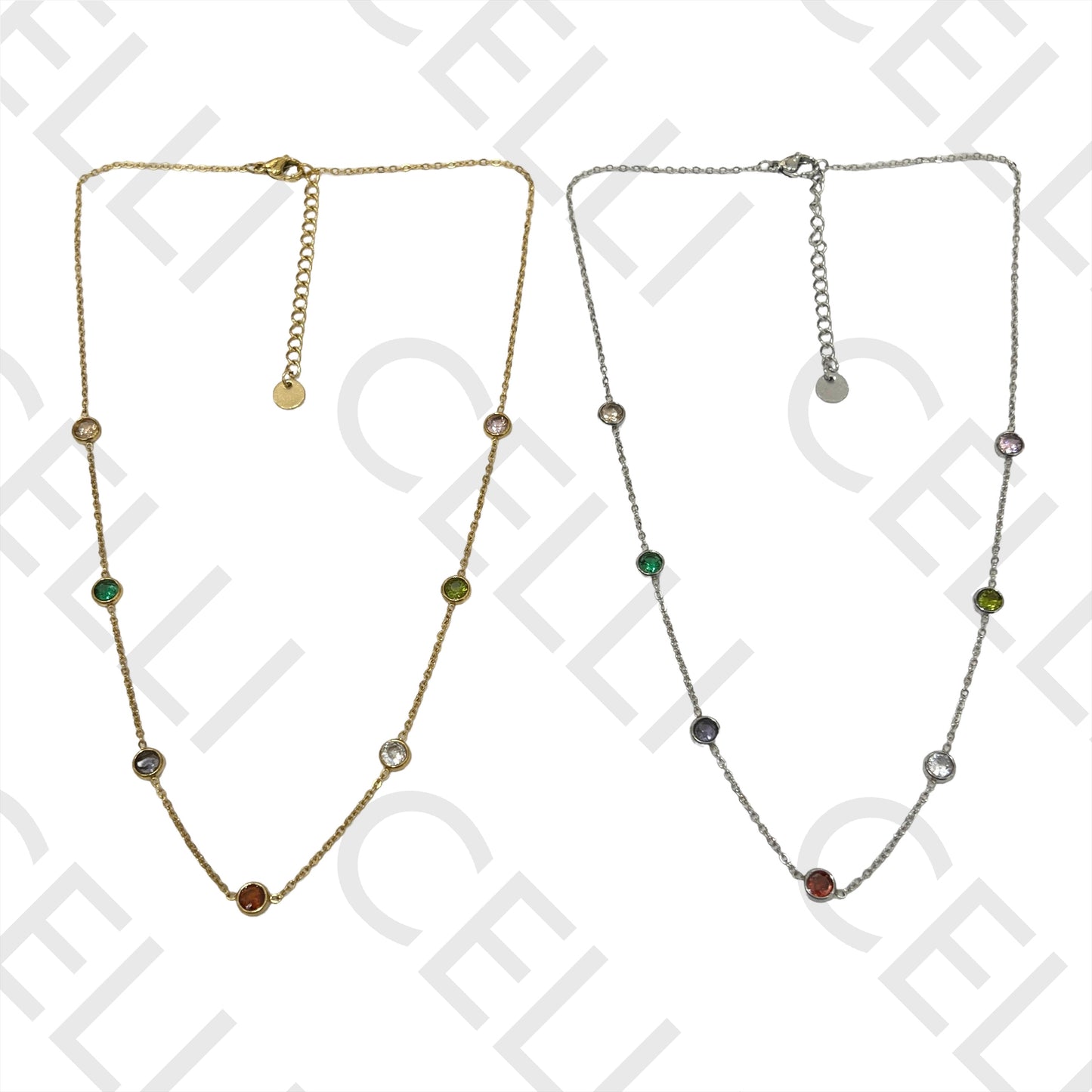 Steel Necklace with Intermediary Medallions - Colored Brilliant Stones