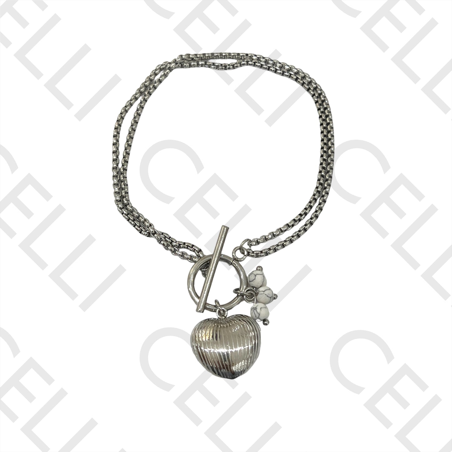 双钢链颈链/手链 OT扣 - 心形细节与宝石