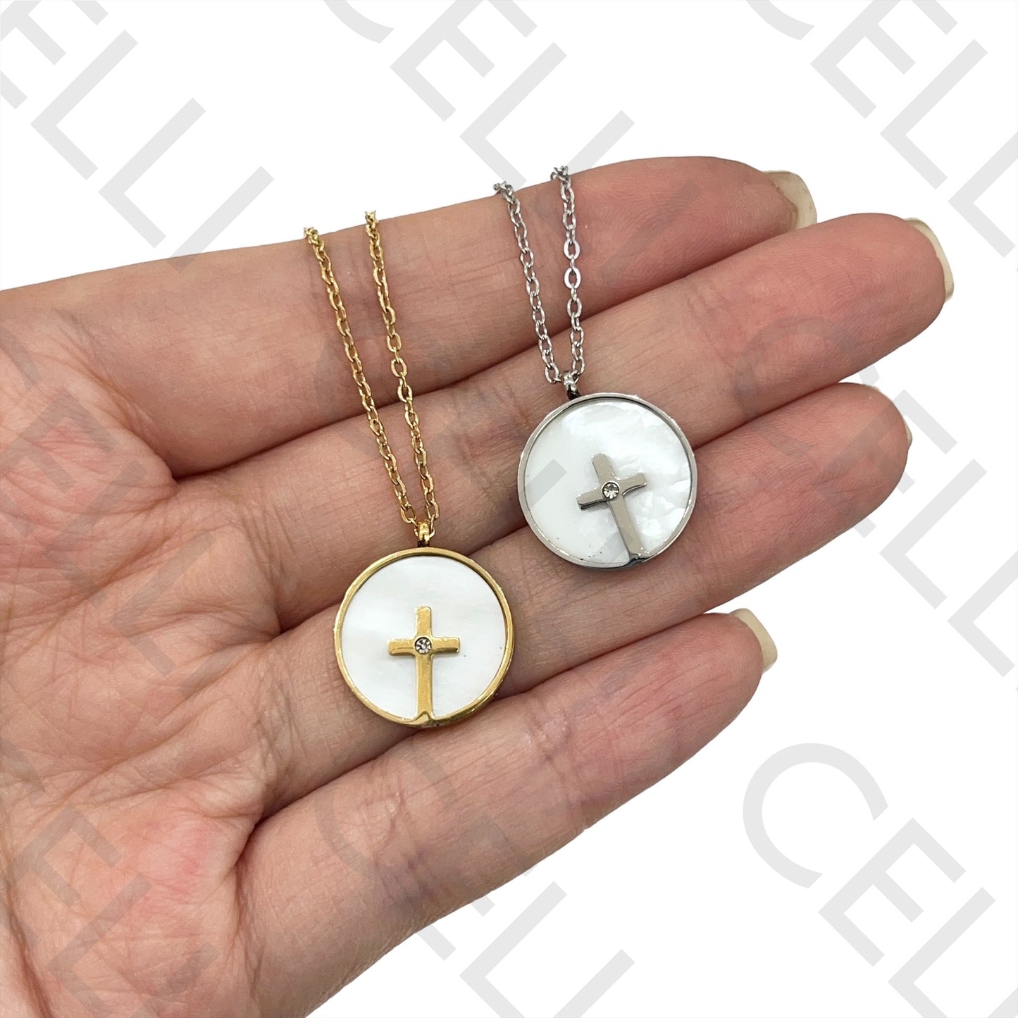 钢制项链 - 母贝十字架