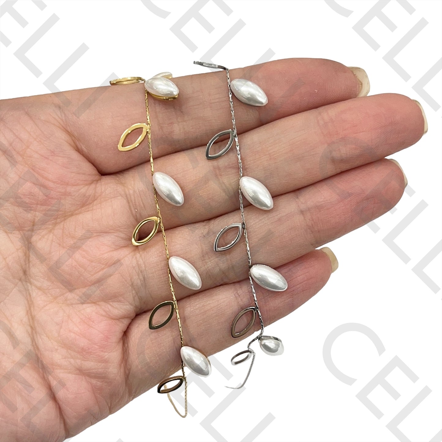 钢制项链 - 带珍珠的叶子