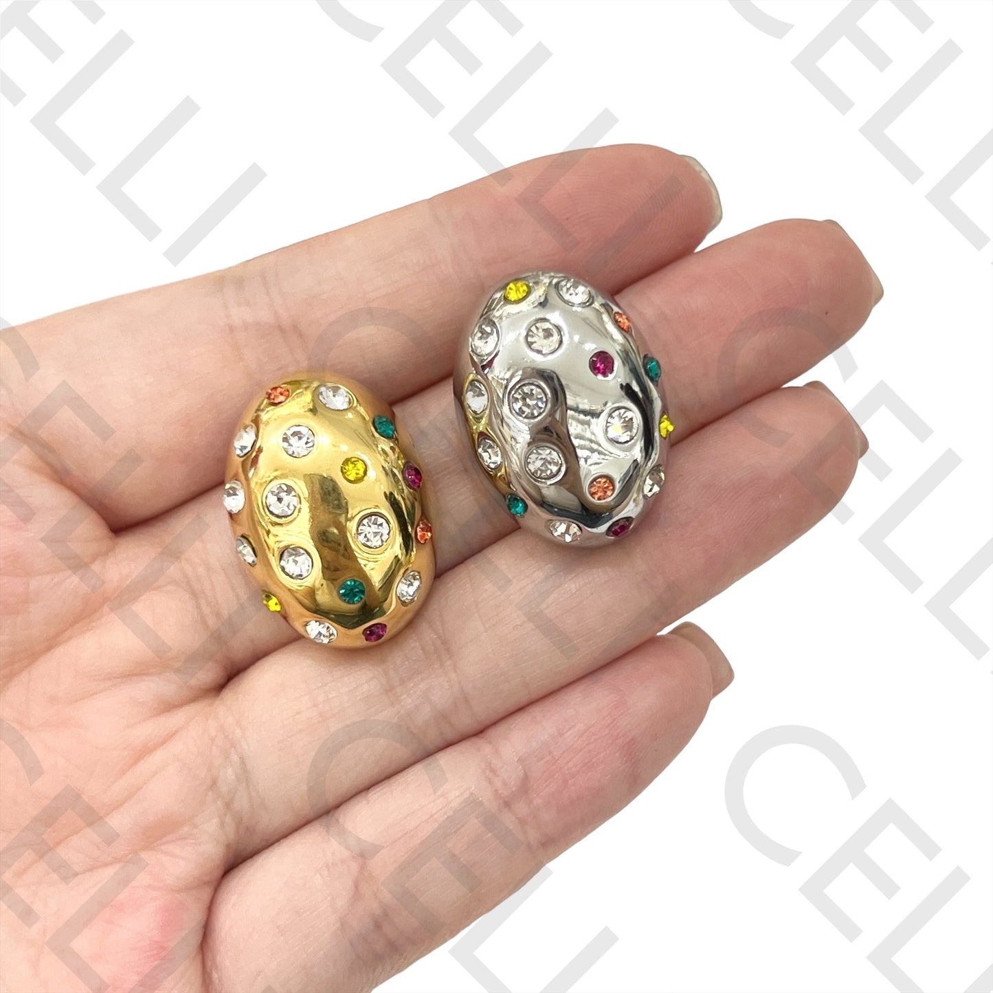 Pendiente de acero - ovalado con diamantes de colores