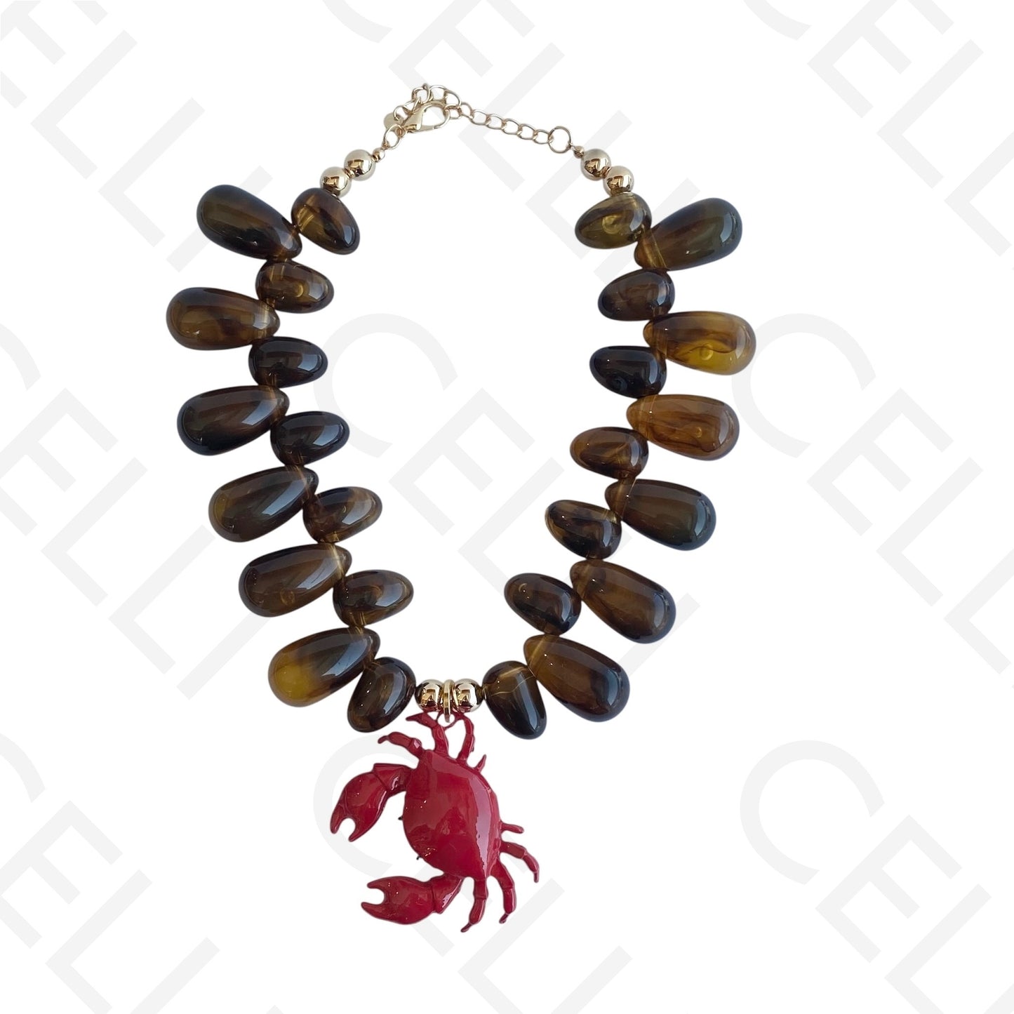 Colar de moda - contas ovais com medalha caranguejo esmaltado