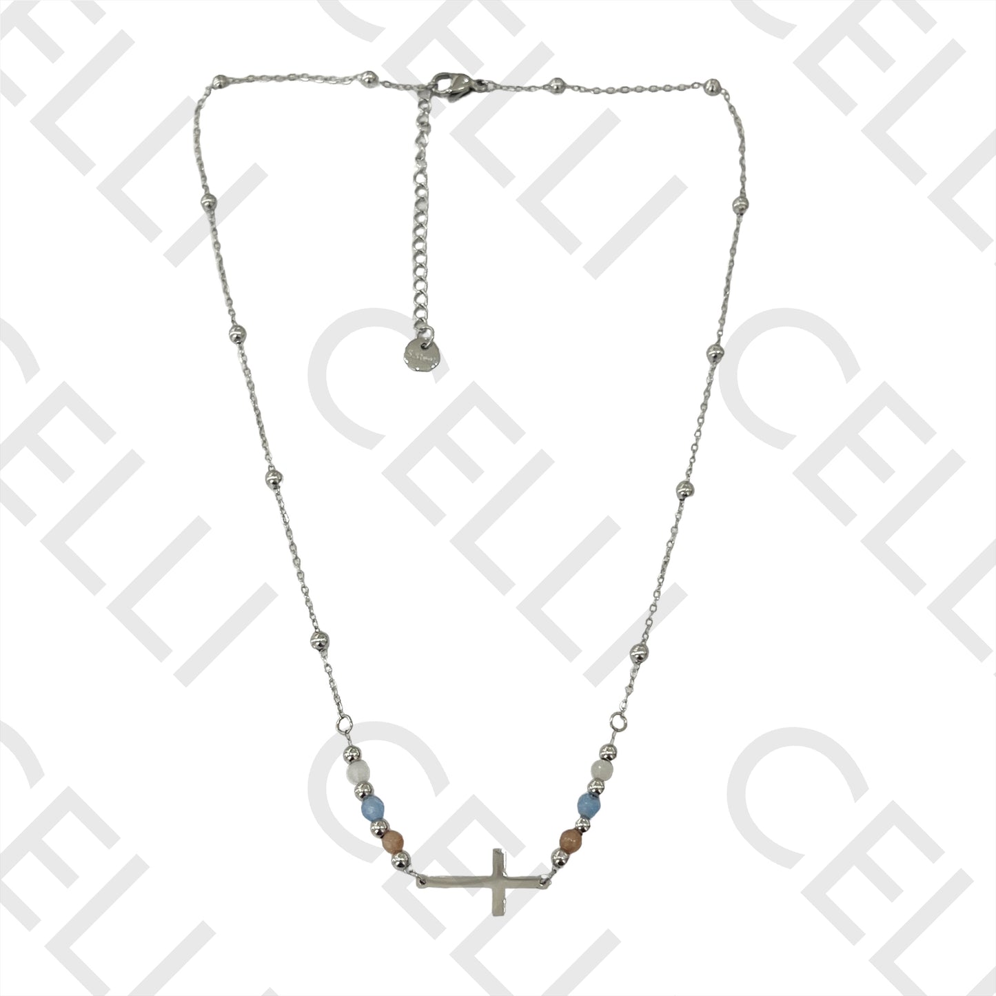 Colar de Aço - pedras facetadas e cruz horizontal