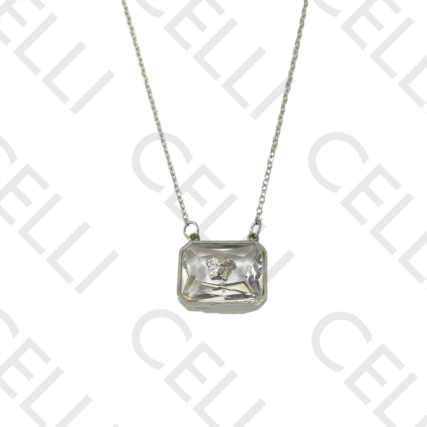 Collar de acero - cristal rectangular con cara de león