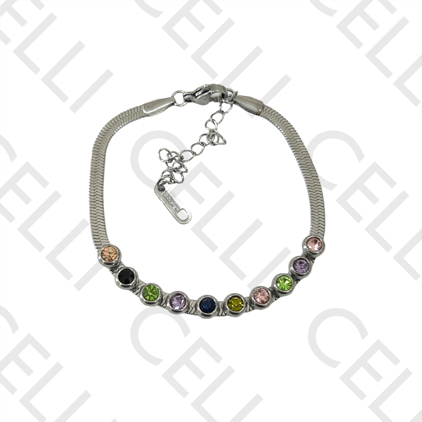 不锈钢项链/手链 - 扁平蛇形设计,彩色闪亮钻石