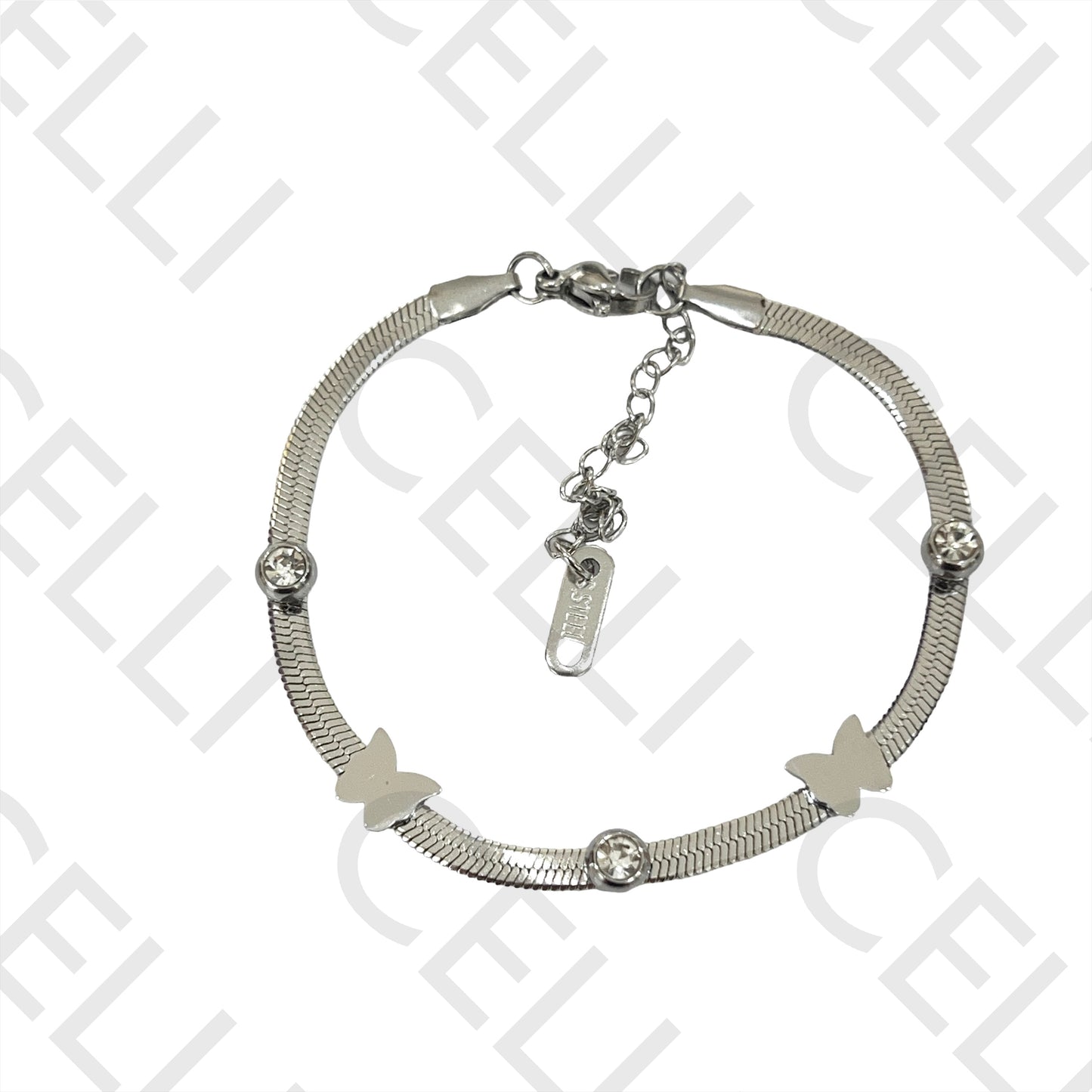 Pulsera de acero - serpiente cubierta de mariposas y diamantes