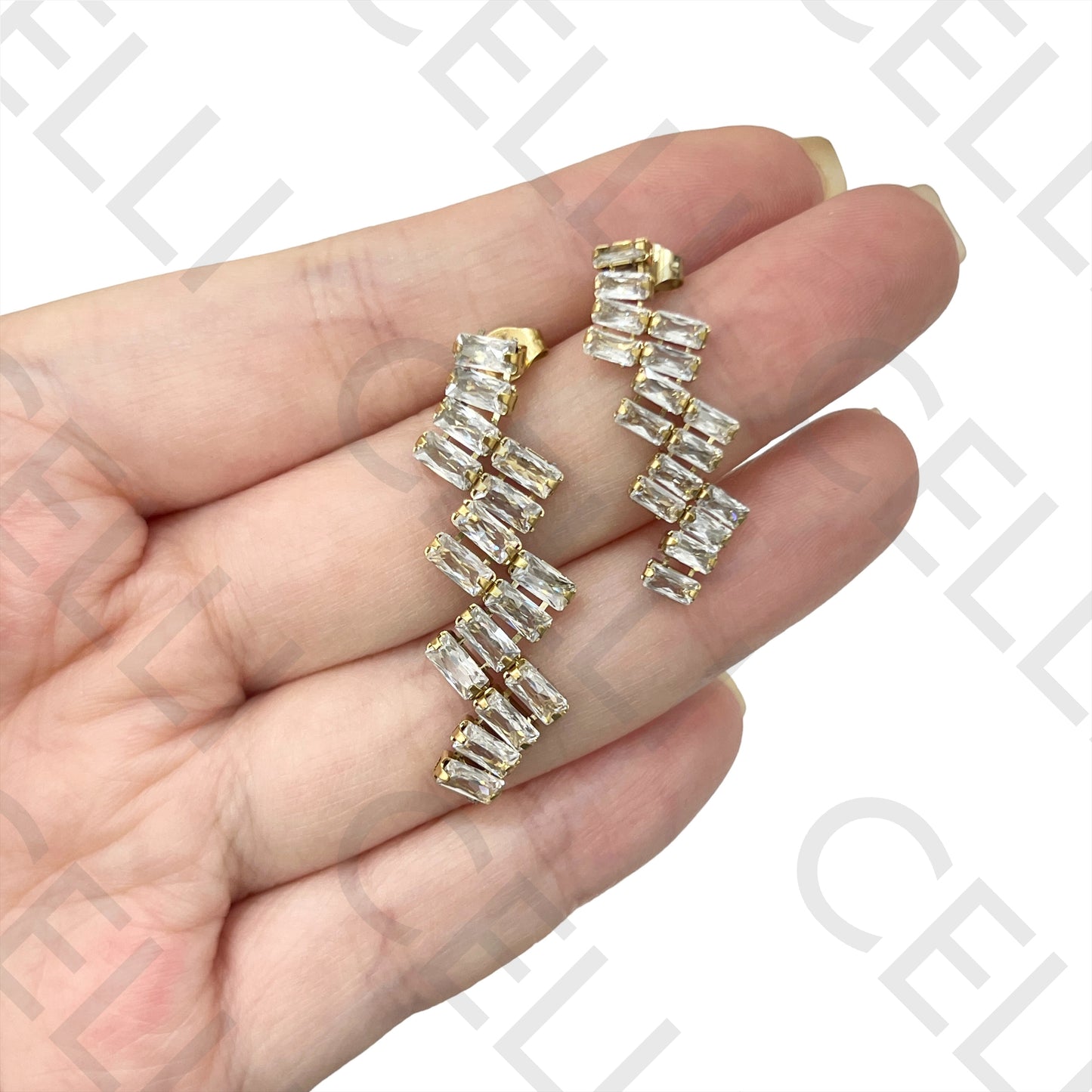 钢制耳环 - 闪钻之字形