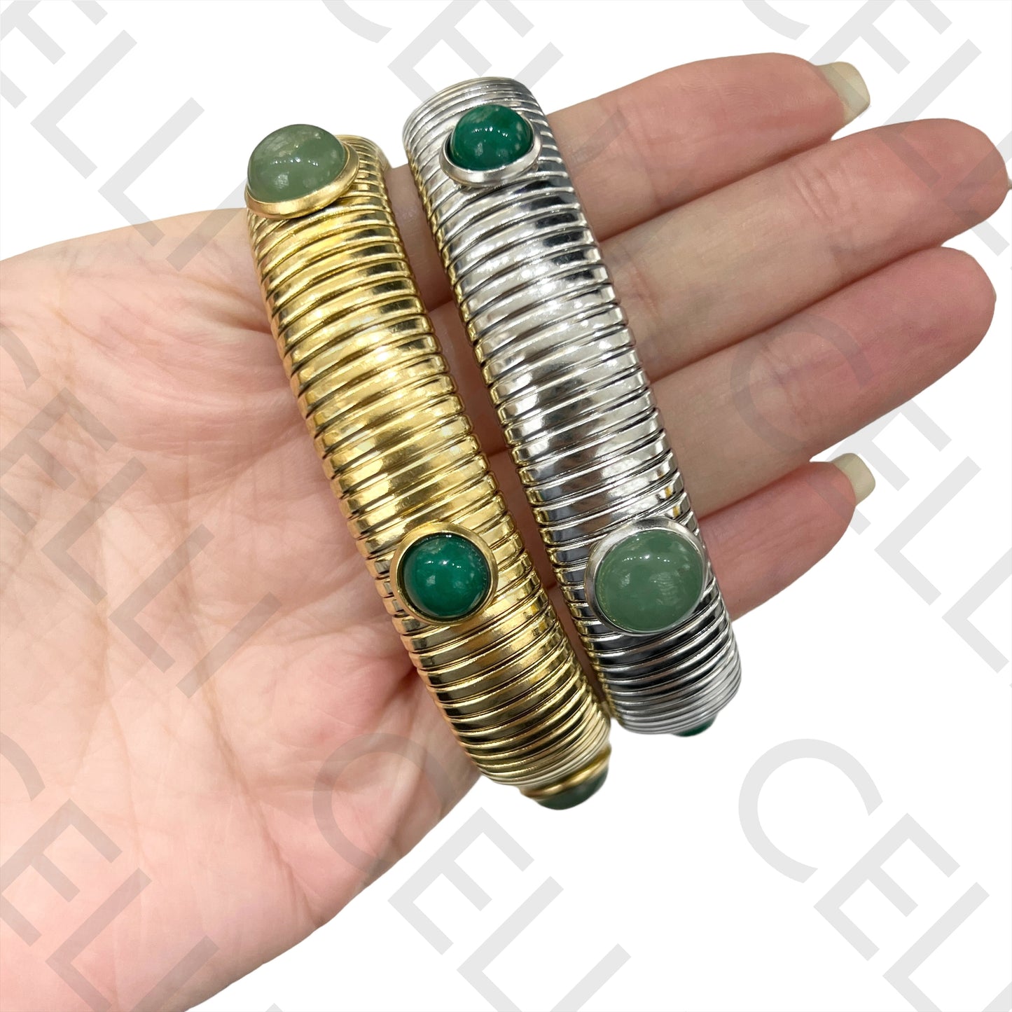 不锈钢手链 - 细节(弹簧条纹)带天然石头