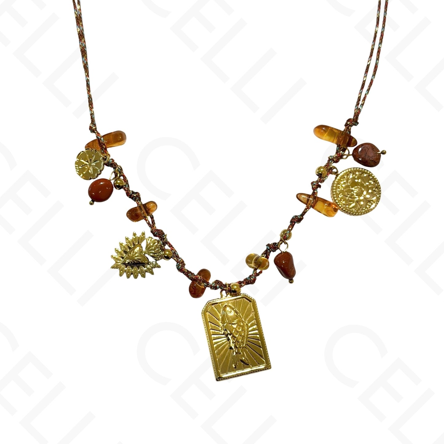 Colar de aço - multi pendente, peixe, fio de algodão