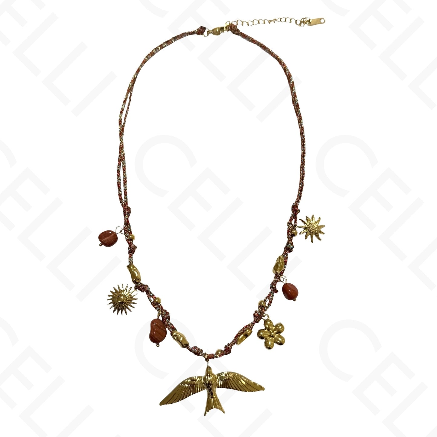 Colar de aço - multi pendente, pássaro, fio de algodão