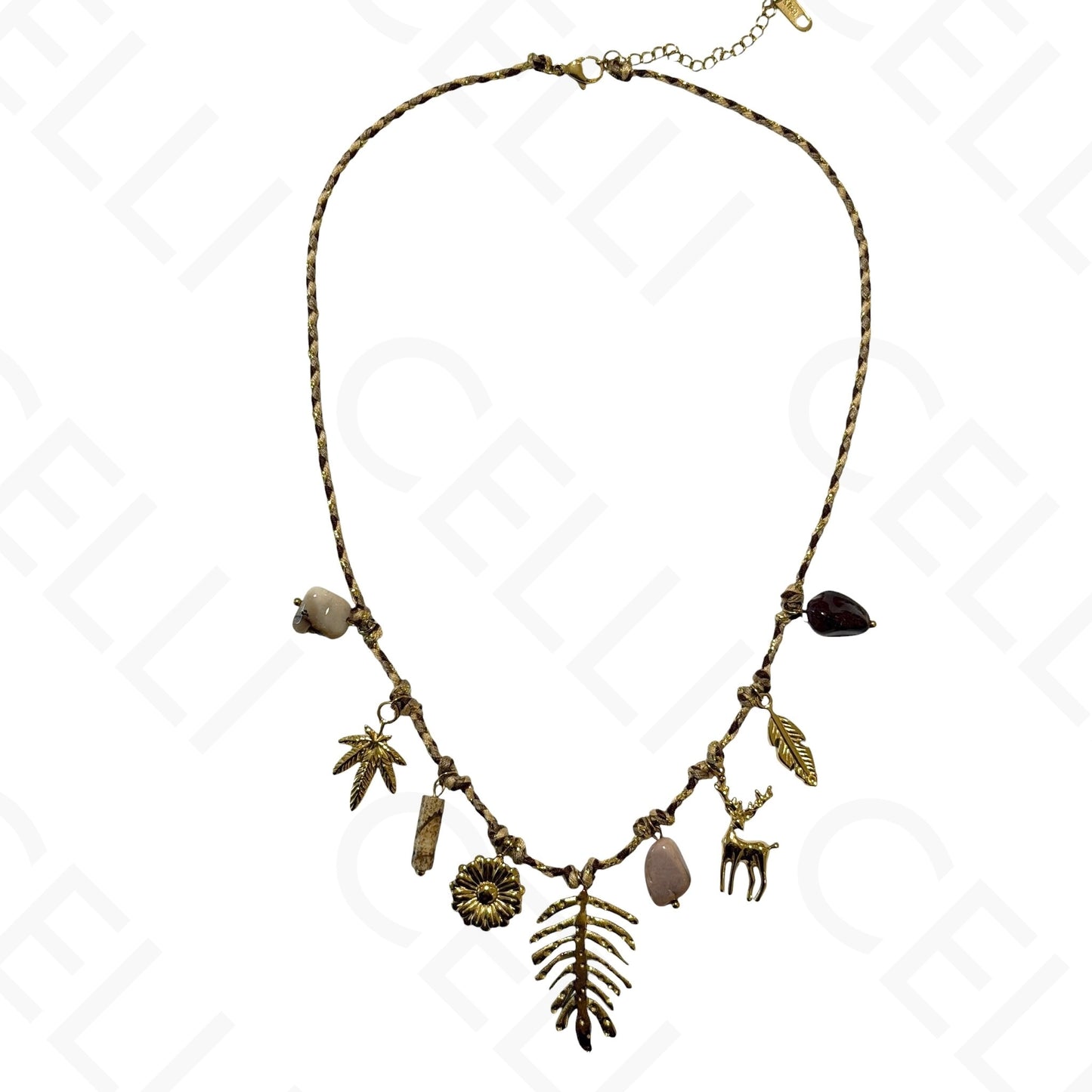 Colar de aço - multi pendente, folha, fio de algodão