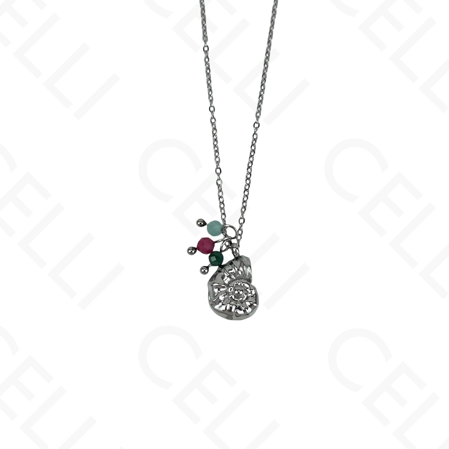 Stainless steel conch shell with faceted natural stones necklace