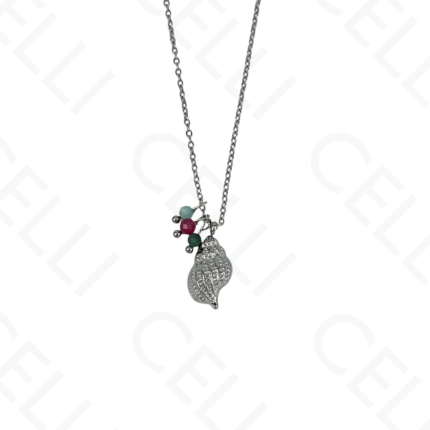 Stainless steel conch shell necklace with faceted natural stones
