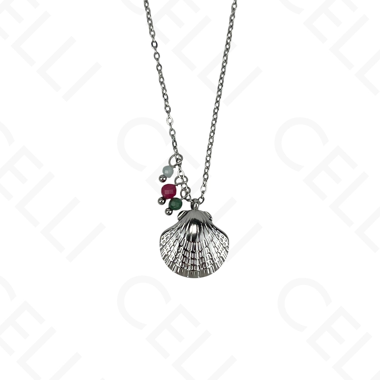 Stainless steel shell necklace with faceted natural stones