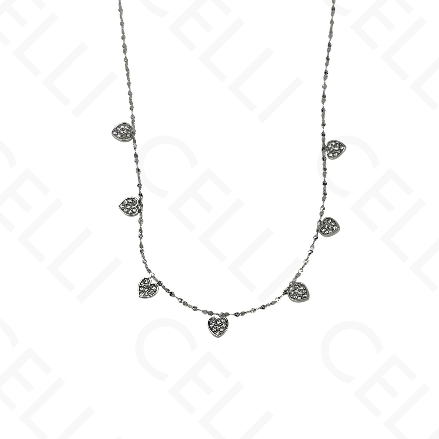 Steel Necklace - Mini Hearts with Rhinestones