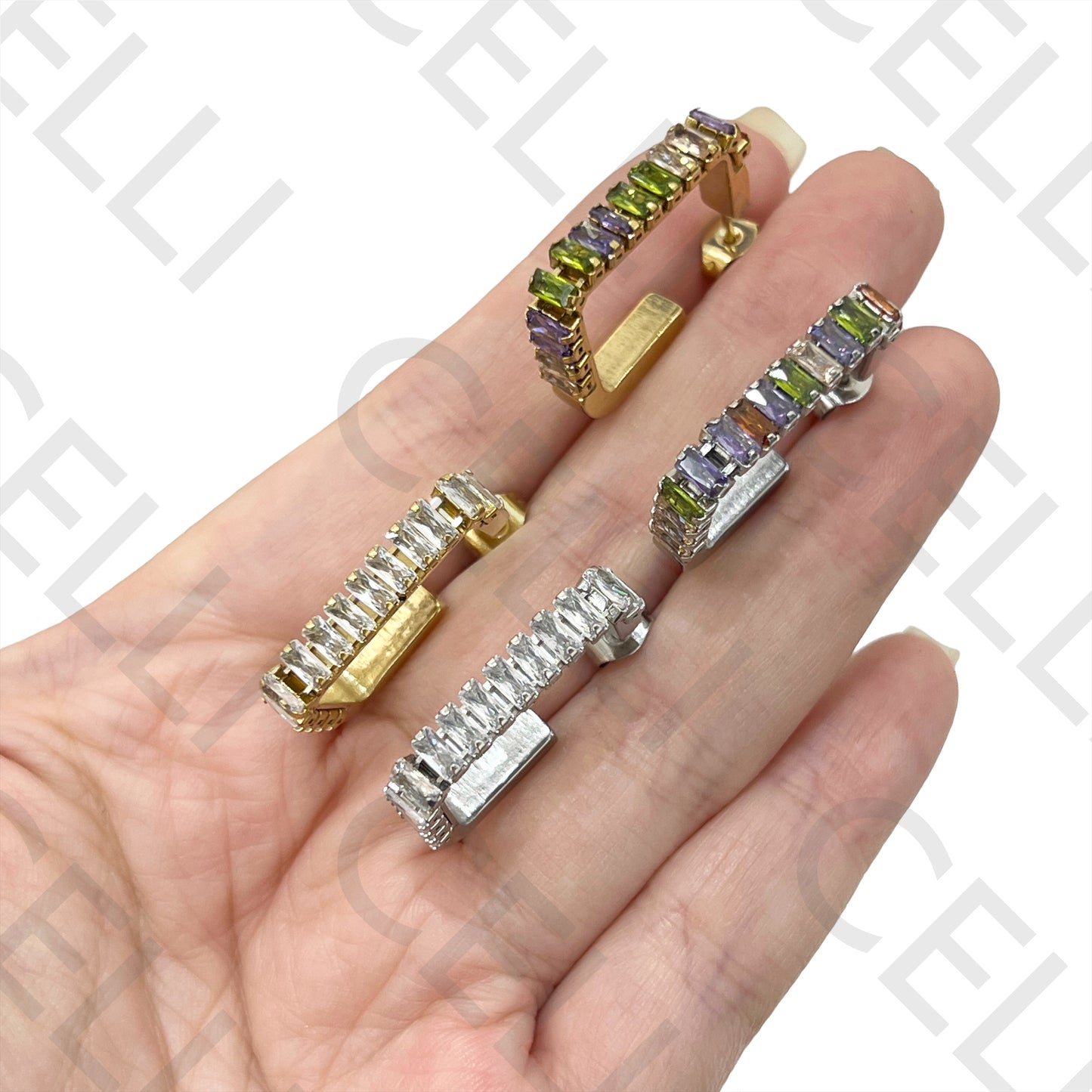 不锈钢矩形亮钻锆石耳环