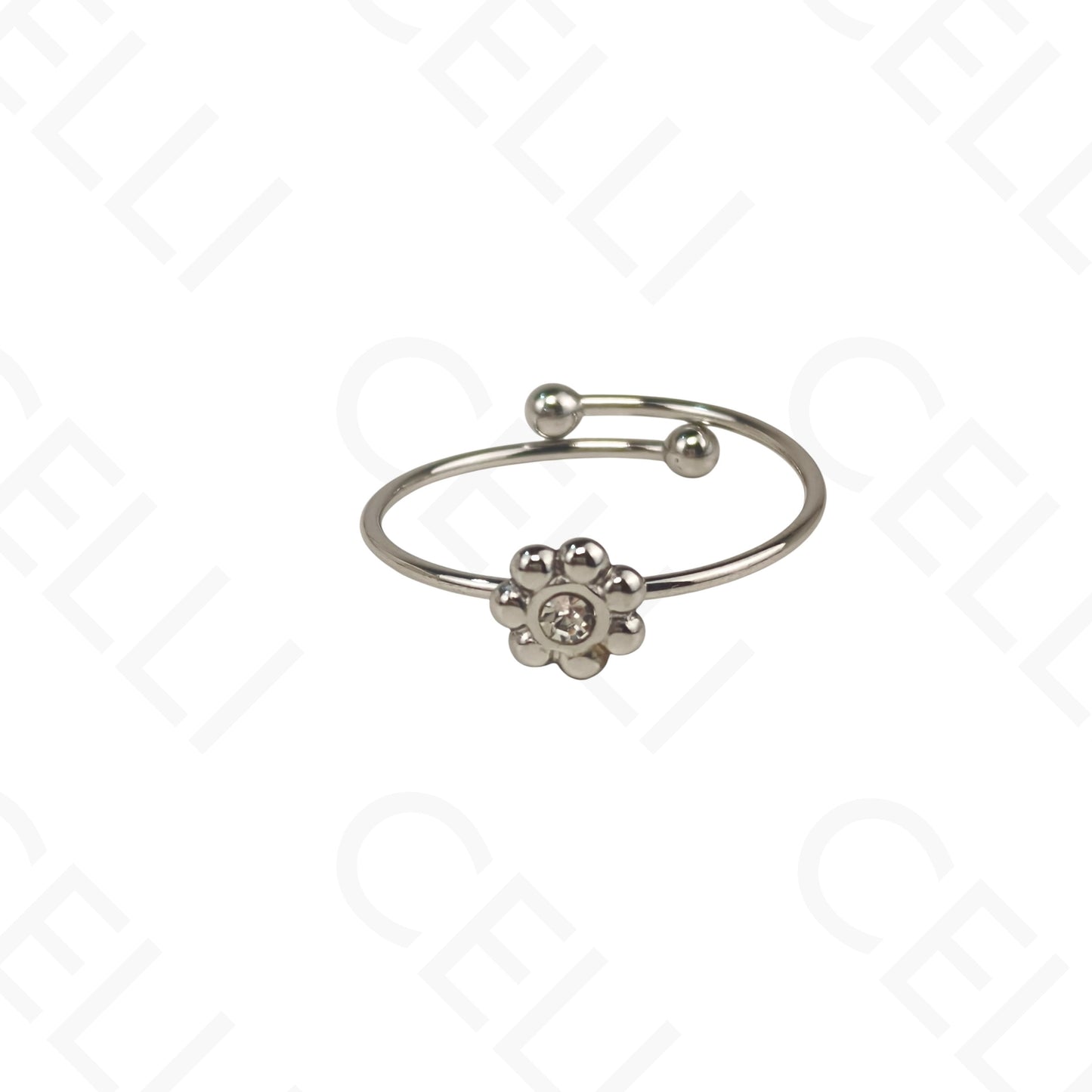 Anel de Aço Ajustável - mini flor com brilhante