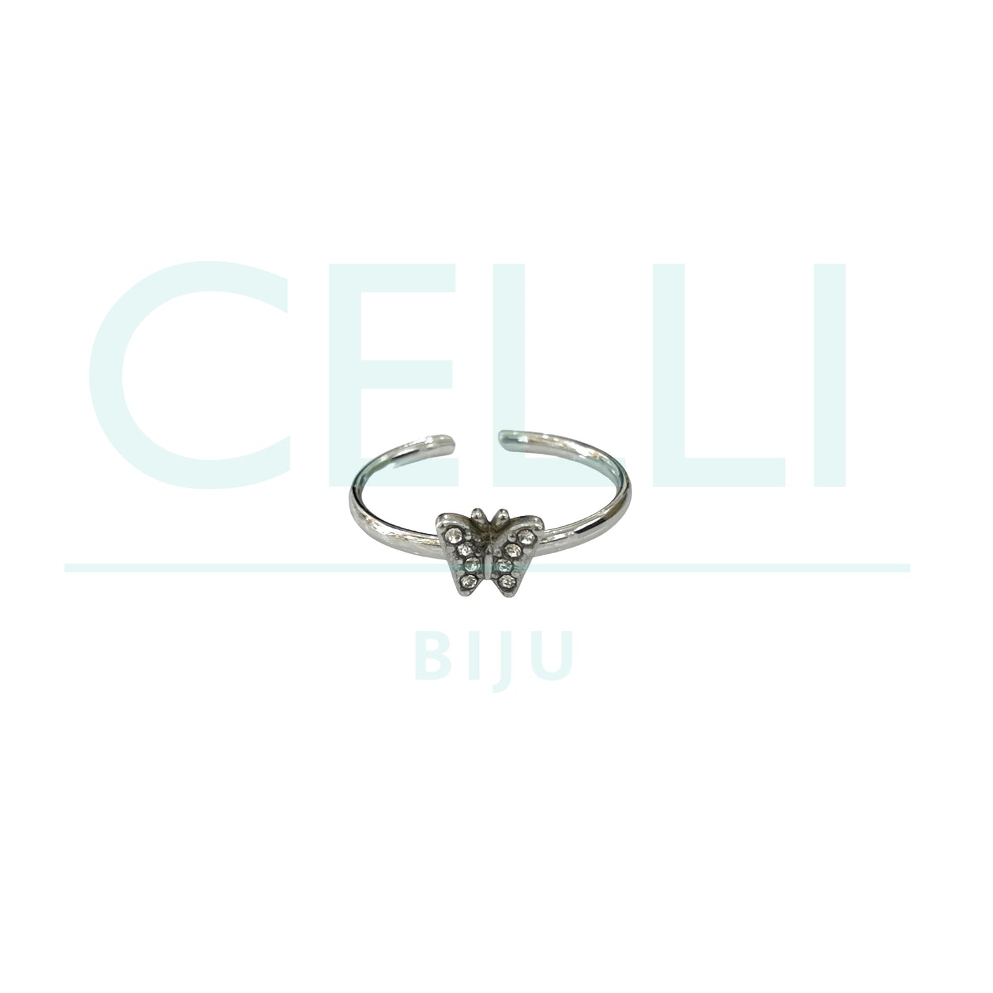 Anel de Aço - borboleta com brilhantes