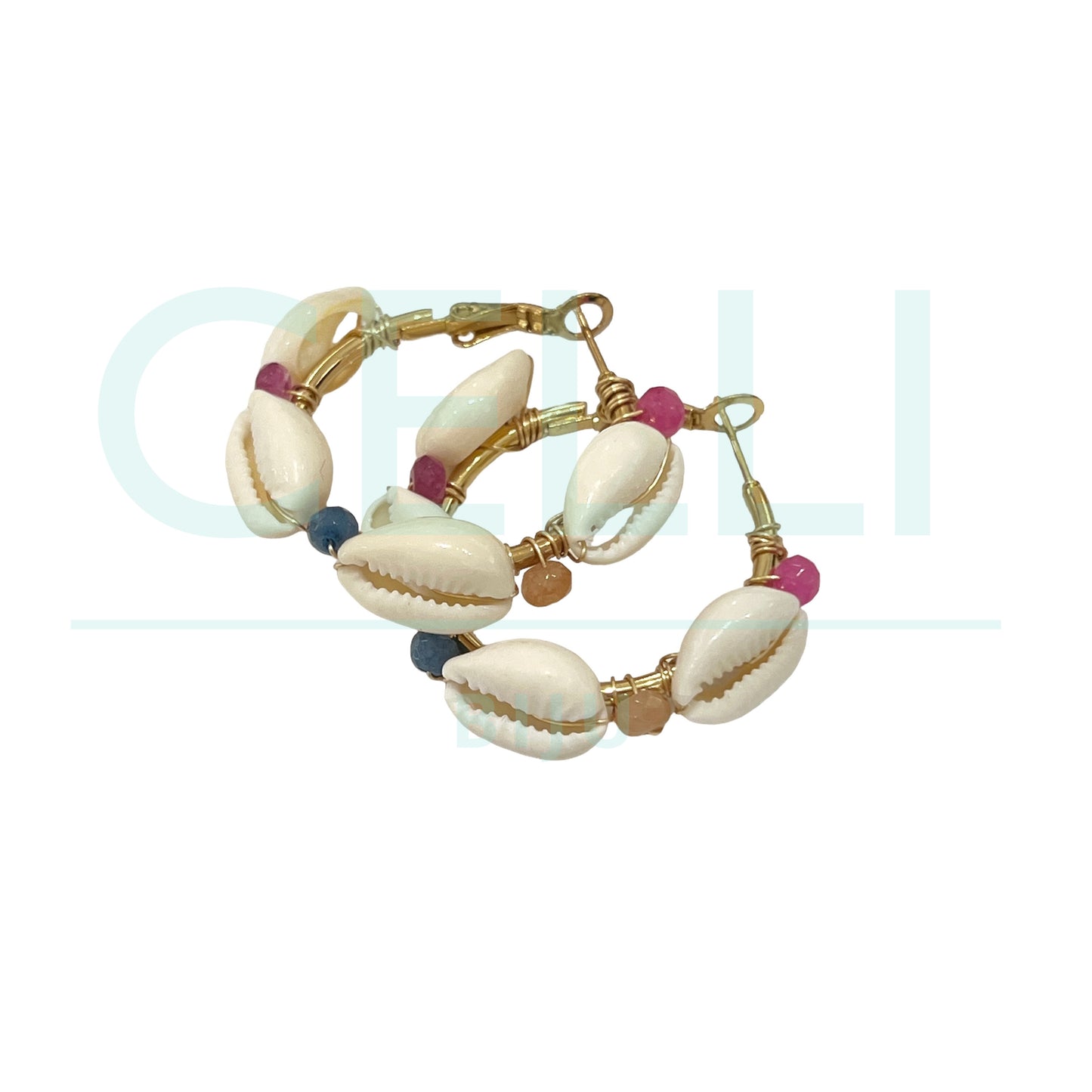 Steel Hoop Earring - shells with stone