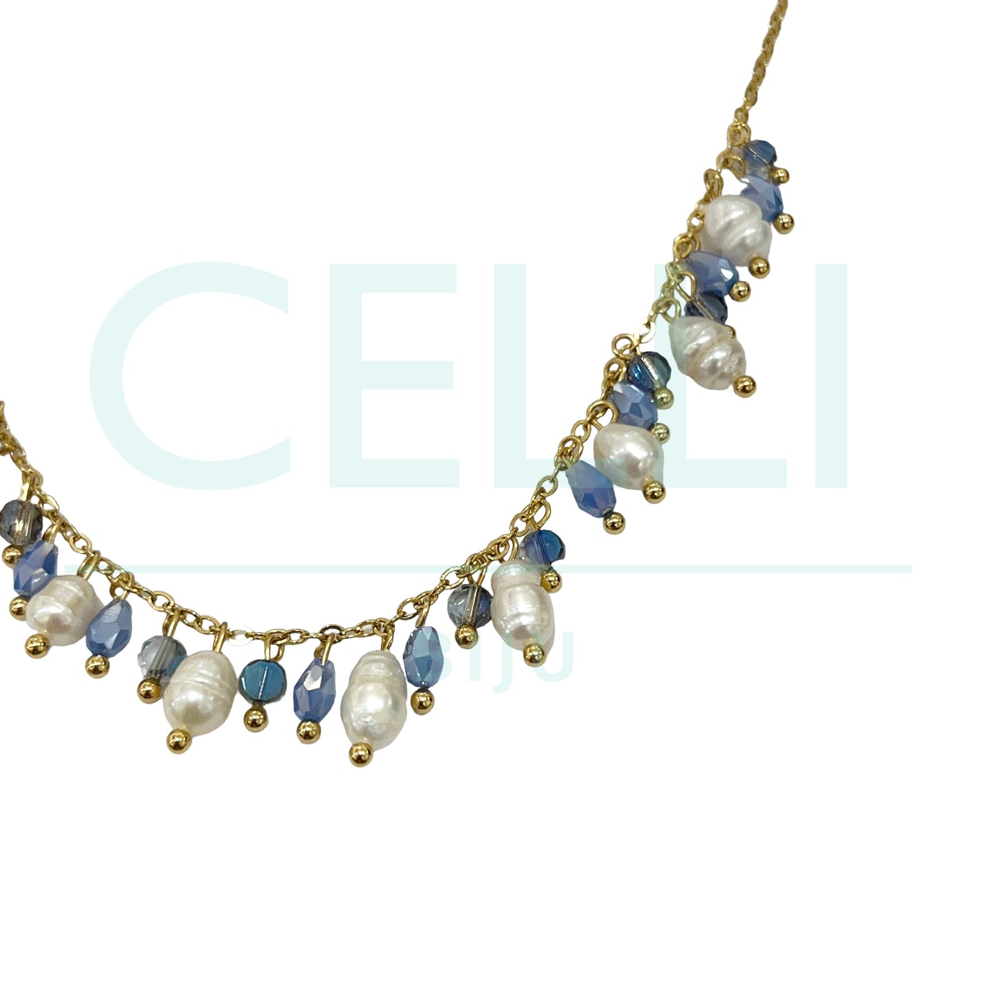 Colar de Aço com pérolas de agua doce e cristais facetados