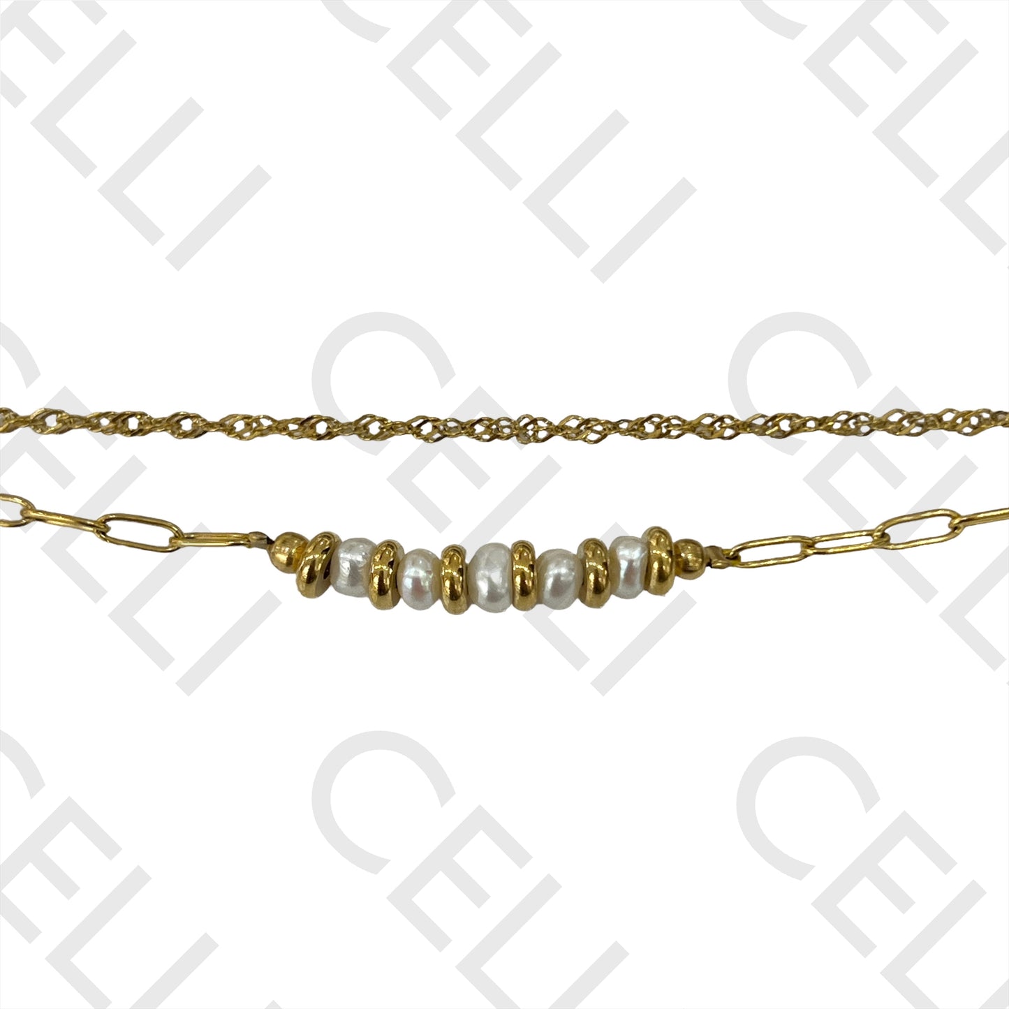 不锈钢手链 - 双层带淡水珍珠