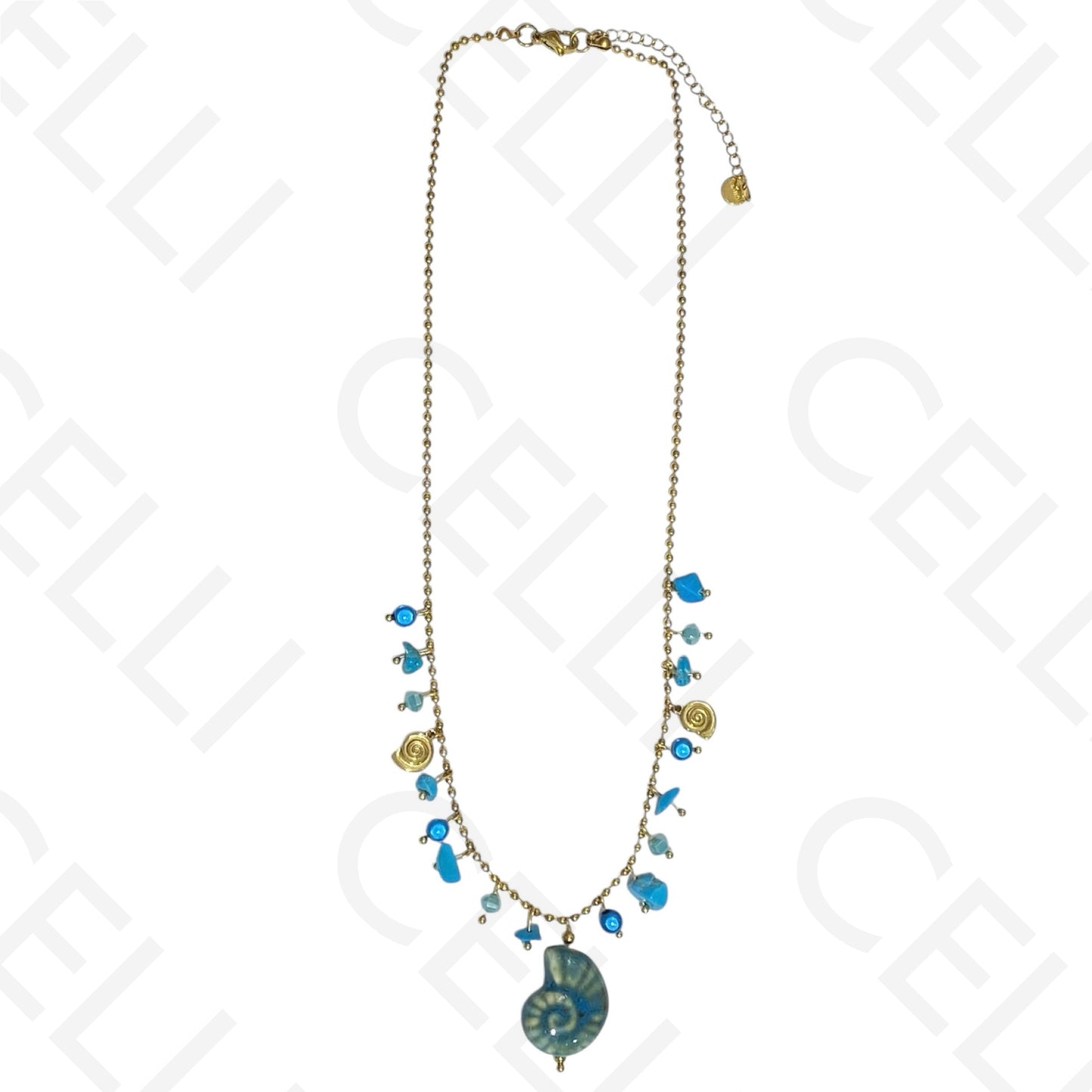 Colar de aço - pedras coloridas, búzio caracol colorido