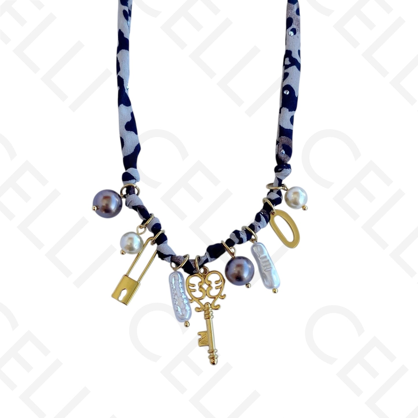 Colar de aço - tecido tigresa, chave e cadeado