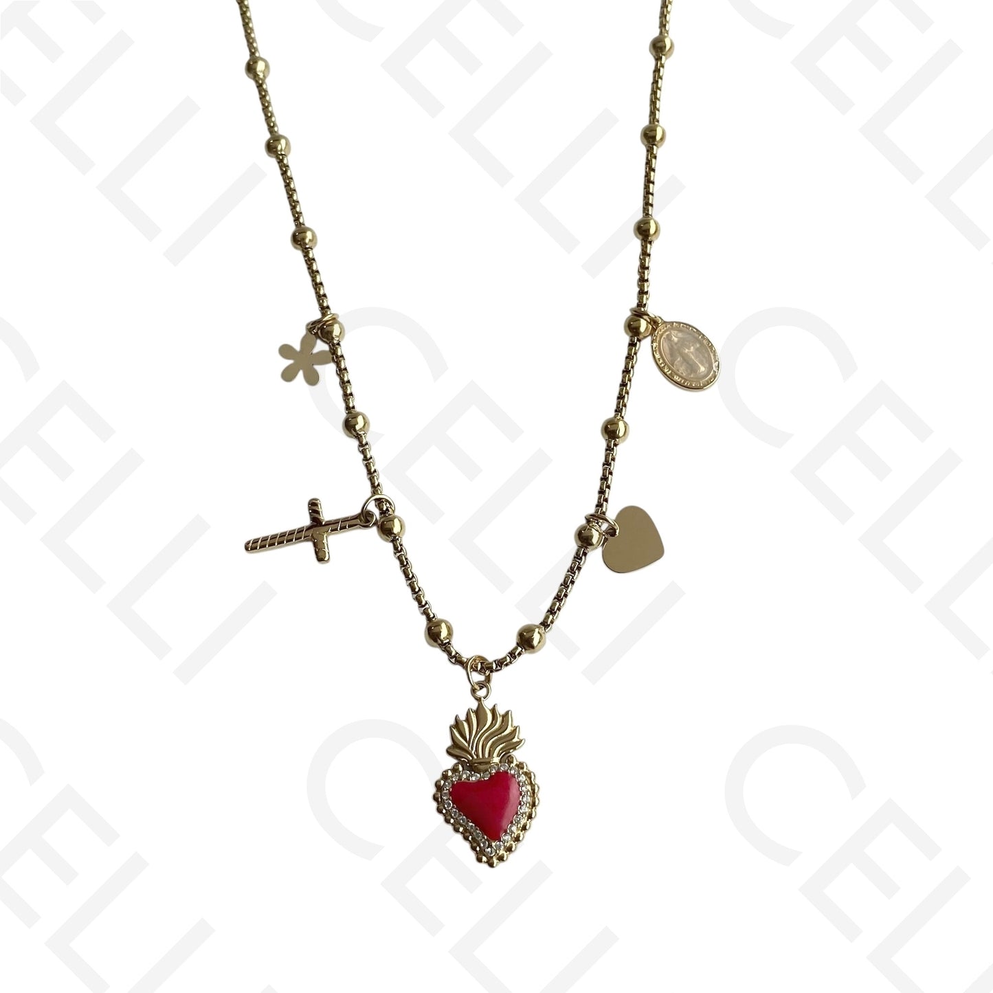 Colar de aço - coração esmaltado com brilhantes