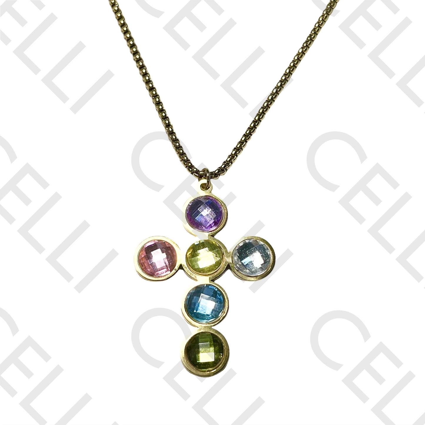 钢质项链 - 彩色闪钻十字