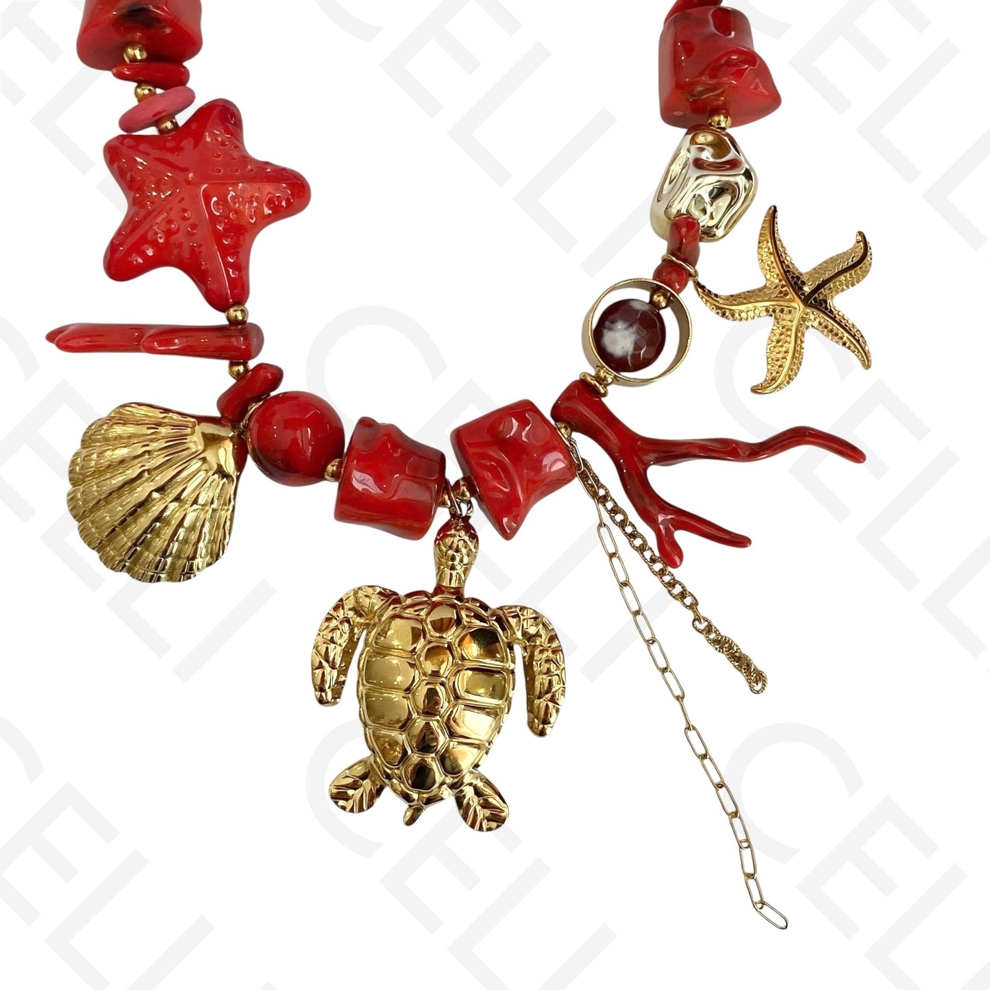 Colar de aço - pendente tartaruga, concha e estrela do mar